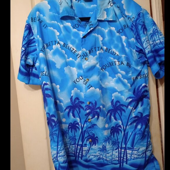 Belize " You betta Belize It" Blue Hawaiian Tropical Mens Medium Button Up Shirt - Picture 1 of 8